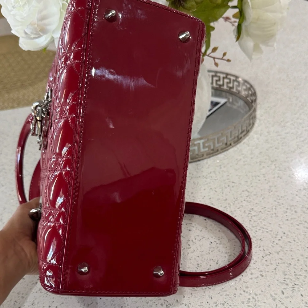 ❤️Dior Red Patent Quilted Lady Dior Satchel with Silver Hardware
